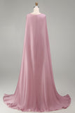 Glinsterende roze strapless zeemeermin lange kralenversierde bloemenjurk met cape