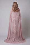 Glinsterende roze strapless zeemeermin lange kralenversierde bloemenjurk met cape