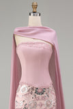Glinsterende roze strapless zeemeermin lange kralenversierde bloemenjurk met cape