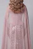 Glinsterende roze strapless zeemeermin lange kralenversierde bloemenjurk met cape