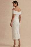 Witte Off-the-Shoulder Bodycon Midi Diploma-jurk met parels