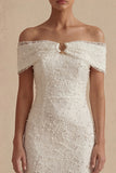 Witte Off-the-Shoulder Bodycon Midi Diploma-jurk met parels