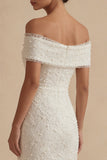 Witte Off-the-Shoulder Bodycon Midi Diploma-jurk met parels
