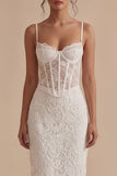 Witte kanten spaghettibandjes Bodycon midi korset Afstudeerjurk