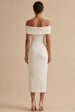 Witte off-the-shoulder bodycon midi afstudeerjurk