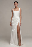 Vierkante hals witte maxi schede verlovingsjurk met ruched