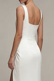 Vierkante hals witte maxi schede verlovingsjurk met ruched