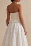 Witte strapless lange bloemenkant A-lijn boho trouwjurk