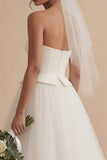 Witte A-lijn strapless lange boho trouwjurk