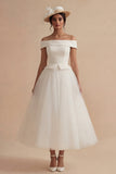 Witte lange off-shoulder A-lijn boho trouwjurk