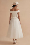 Witte lange off-shoulder A-lijn boho trouwjurk