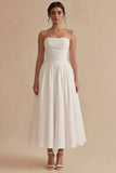 Witte strapless gerimpelde A-lijn maxi strandtrouwjurk
