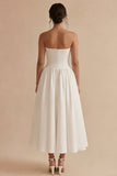 Witte strapless gerimpelde A-lijn maxi strandtrouwjurk