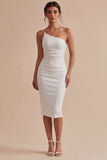 Witte Bodycon gerimpelde midi-jurk met één schouder