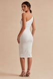Witte Bodycon gerimpelde midi-jurk met één schouder