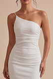 Witte Bodycon gerimpelde midi-jurk met één schouder