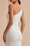 Witte Bodycon gerimpelde midi-jurk met één schouder