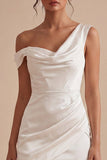 Bodycon Asymmetrische hals Kleine Witte Jurk met gerimpelde hals