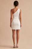 Witte Bodycon gerimpelde Mini Afstudeerjurk met één schouder en split