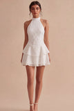 A Line paillettenhalter witte gelaagde ruches minijurk