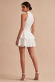 A Line paillettenhalter witte gelaagde ruches minijurk