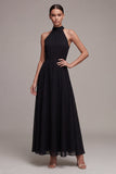 Zwarte rugloze halter A Line lange formele jurk