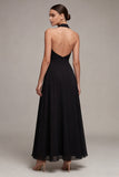 Zwarte rugloze halter A Line lange formele jurk