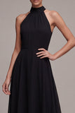 Zwarte rugloze halter A Line lange formele jurk