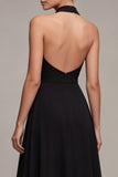 Zwarte rugloze halter A Line lange formele jurk