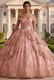 Off-the-shoulder roze gerimpelde baljurk quinceañera jurk