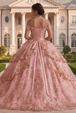 Off-the-shoulder roze gerimpelde baljurk quinceañera jurk