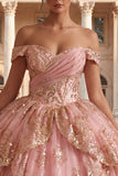 Off-the-shoulder roze gerimpelde baljurk quinceañera jurk