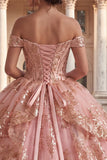 Off-the-shoulder roze gerimpelde baljurk quinceañera jurk