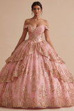 Off-the-shoulder roze gerimpelde baljurk quinceañera jurk