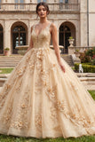 Champagnebaljurk met V-hals appliqueerde quinceañera-jurk