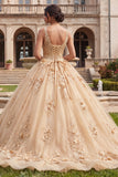 Champagnebaljurk met V-hals appliqueerde quinceañera-jurk