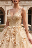 Champagnebaljurk met V-hals appliqueerde quinceañera-jurk