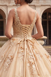 Champagnebaljurk met V-hals appliqueerde quinceañera-jurk