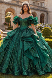 Donkergroene baljurk met gerimpelde off-shoulder baljurk quinceañera jurk