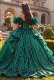 Donkergroene baljurk met gerimpelde off-shoulder baljurk quinceañera jurk