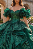 Donkergroene baljurk met gerimpelde off-shoulder baljurk quinceañera jurk