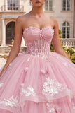 Baljurk Strapless Corset Roze Bloemen Quinceañera jurk