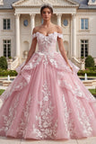 Roze off-the-shoulder appliquatie gerimpelde baljurk quinceañera jurk