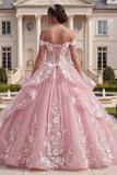 Roze off-the-shoulder appliquatie gerimpelde baljurk quinceañera jurk