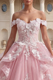 Roze off-the-shoulder appliquatie gerimpelde baljurk quinceañera jurk