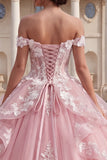 Roze off-the-shoulder appliquatie gerimpelde baljurk quinceañera jurk