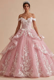 Roze off-the-shoulder appliquatie gerimpelde baljurk quinceañera jurk
