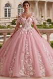 Koude schouder roze geappliqueerde baljurk quinceañera jurk