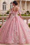 Koude schouder roze geappliqueerde baljurk quinceañera jurk