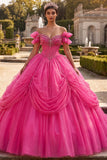 Fuchsia off-the-shoulder baljurk met kralen en quinceañera-jurk